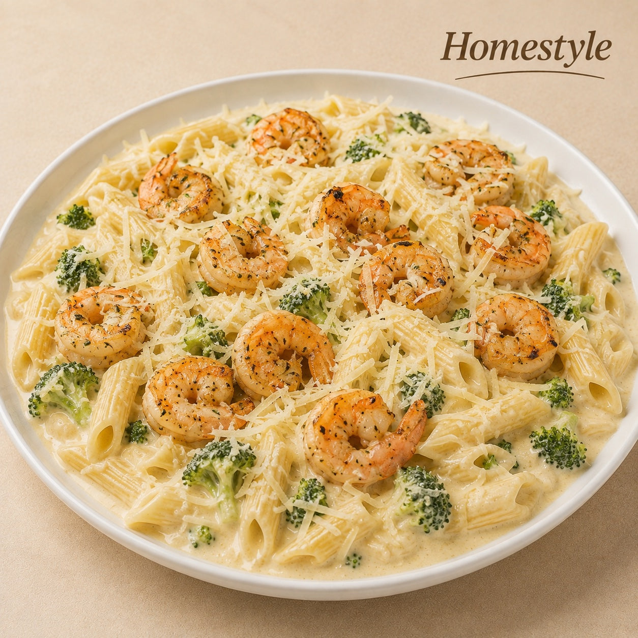 HOMESTYLE 300G- Penne with catupiry sauce, broccoli, grilled shrimp and fresh parmesan on top.