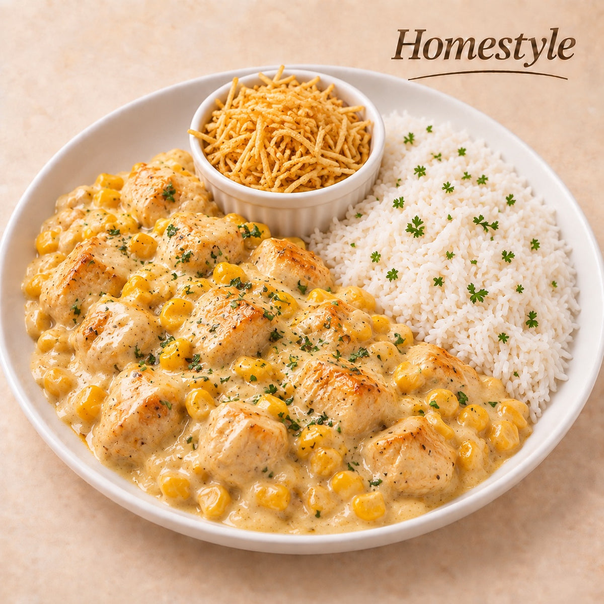 HOMESTYLE 300G- Chicken cubes with corn in catupiry sauce, rice and shoestring potatoes on the side.