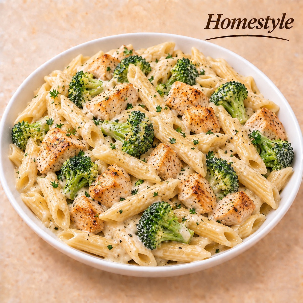 CASEIRO 300G- Penne Alfredo com brócolis e cubos de frango salteados.