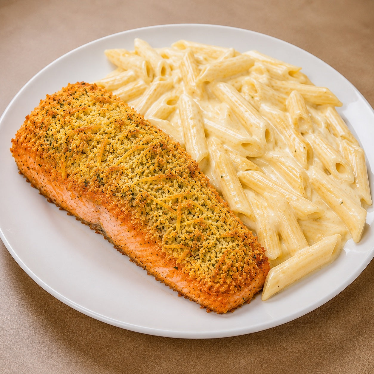 CASEIRO 550G- Salmão com crosta de panko e parmesão e penne ao molho de 3 queijos.