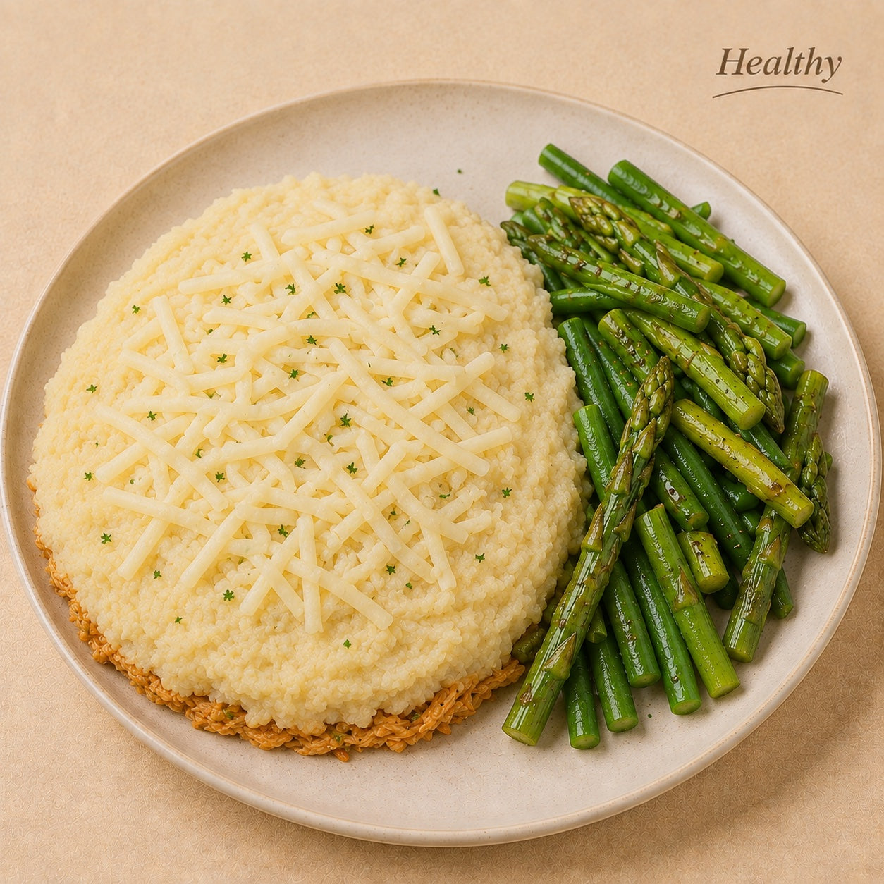 HEALTHY 300G- Shredded chicken shepherd’s pie with mashed potatoes and low-fat mozzarella cheese, and green bean with asparagus mix.