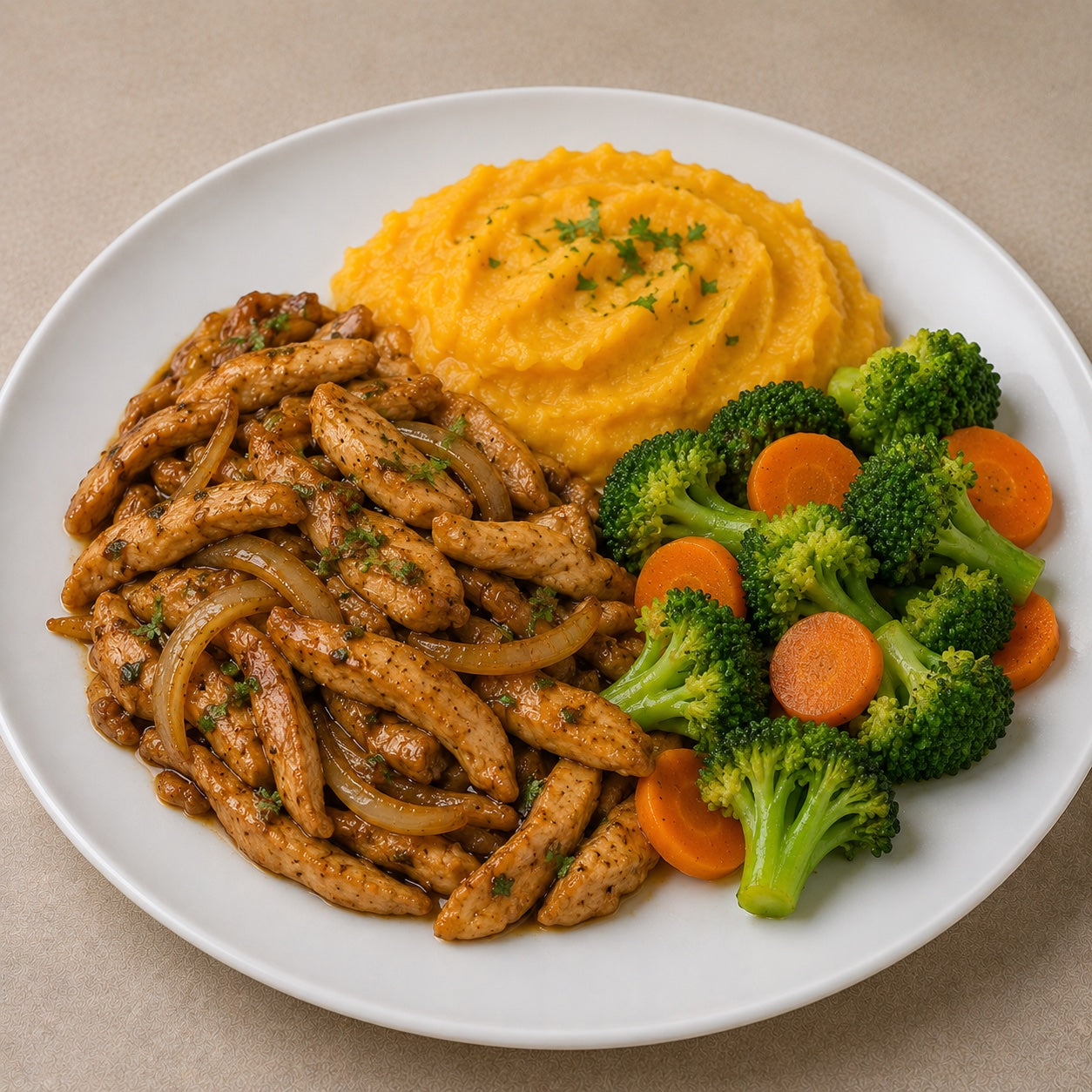 SAUDAVEL 500G- Tiras de frango acebolada e ao shoyu, purê de abóbora e brócolis com cenoura.