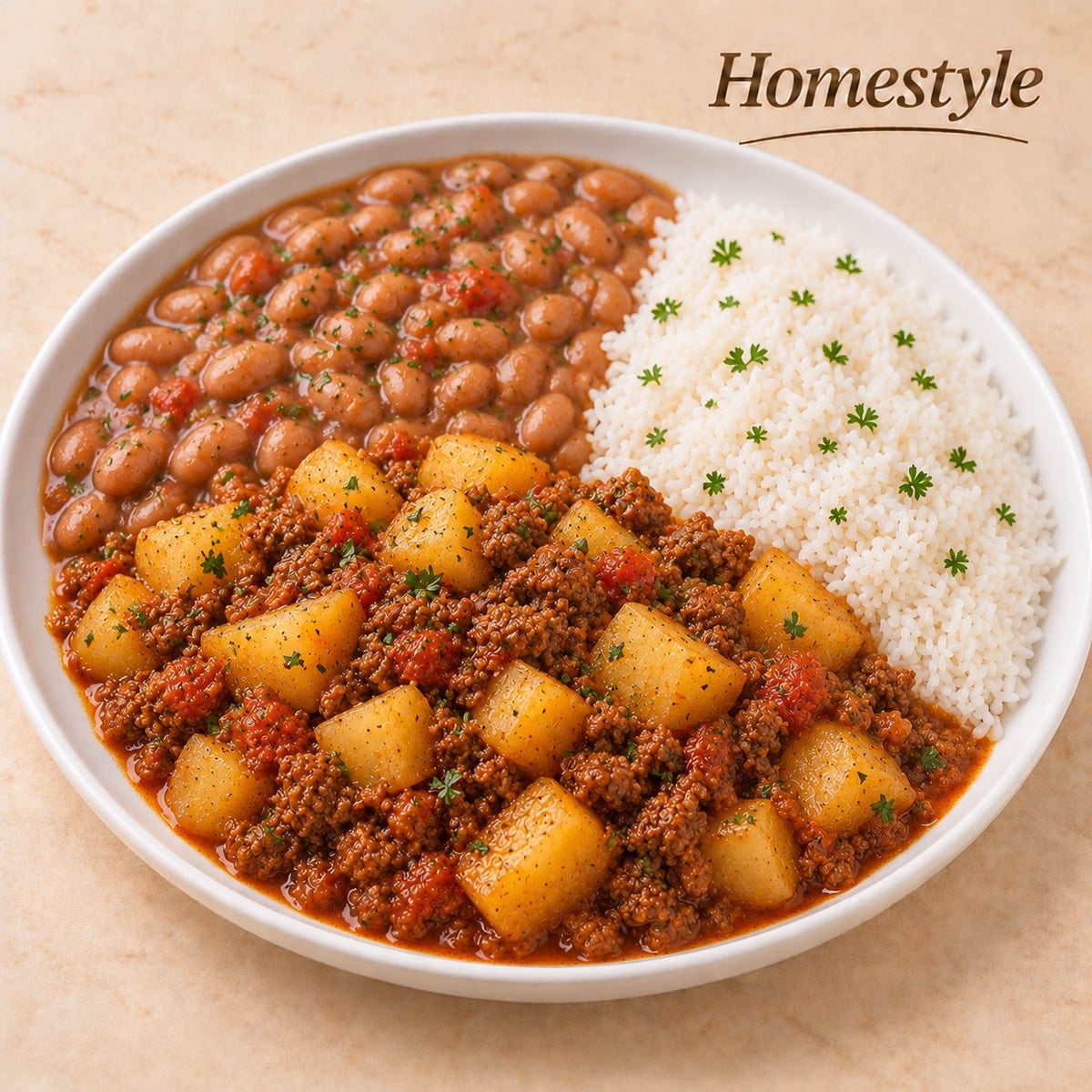 CASEIRO 300G- Carne moída com batatinhas, arroz e feijão carioca.