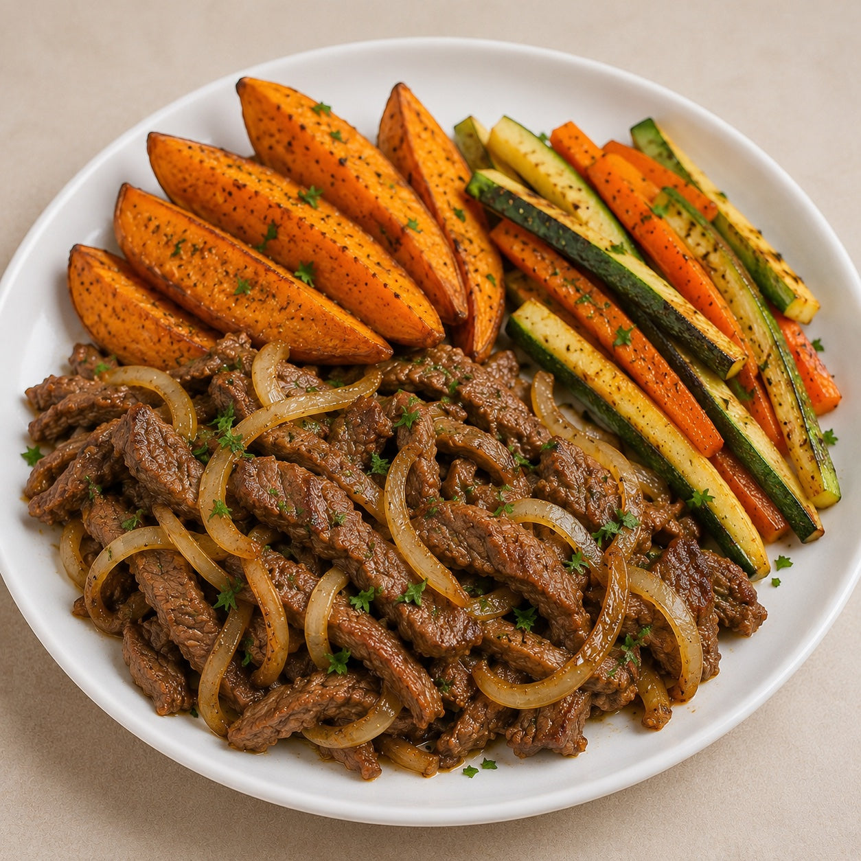 SAUDAVEL 300G- Tiras de alcatra aceboladas, batata doce assada & palitos de abobrinha com cenoura na chapa.