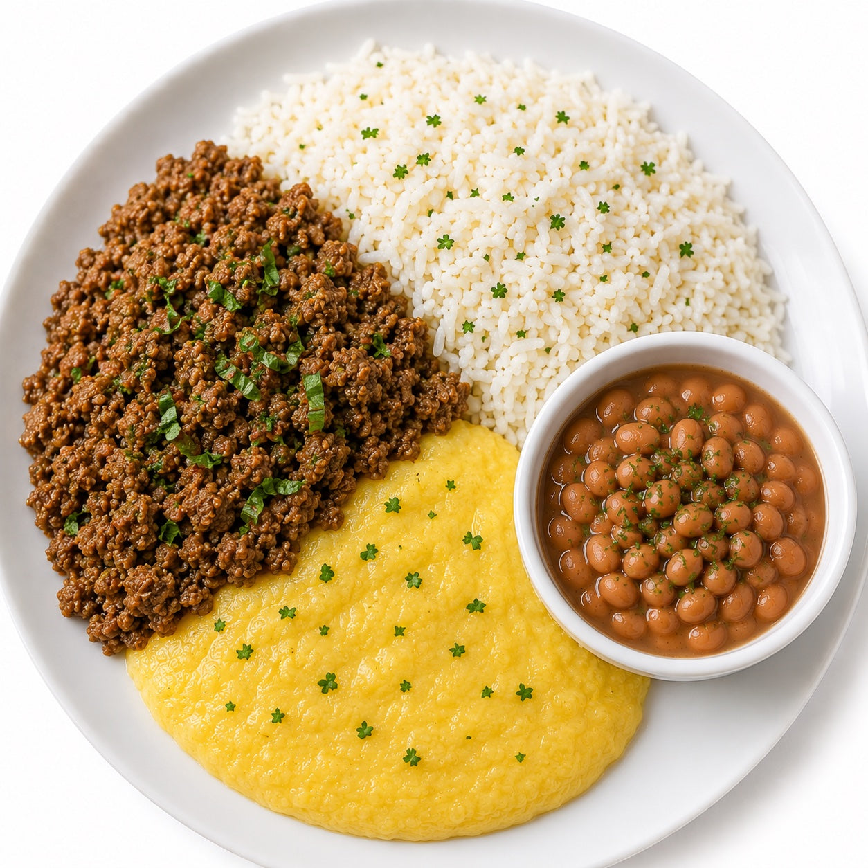 HOMESTYLE 300G- Ground beef with a touch of basil, rice, polenta and beans on the side.