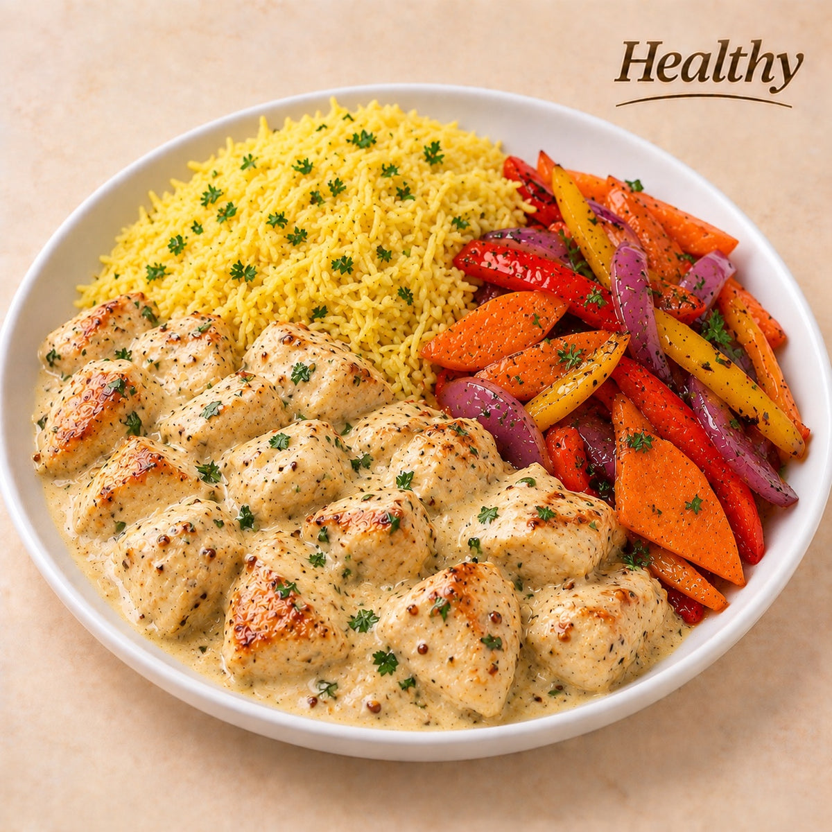 HEALTHY 300G- Chicken cubes in ricotta, mustard and honey sauce, saffron basmati rice and grilled carrots with bell peppers and red onions.