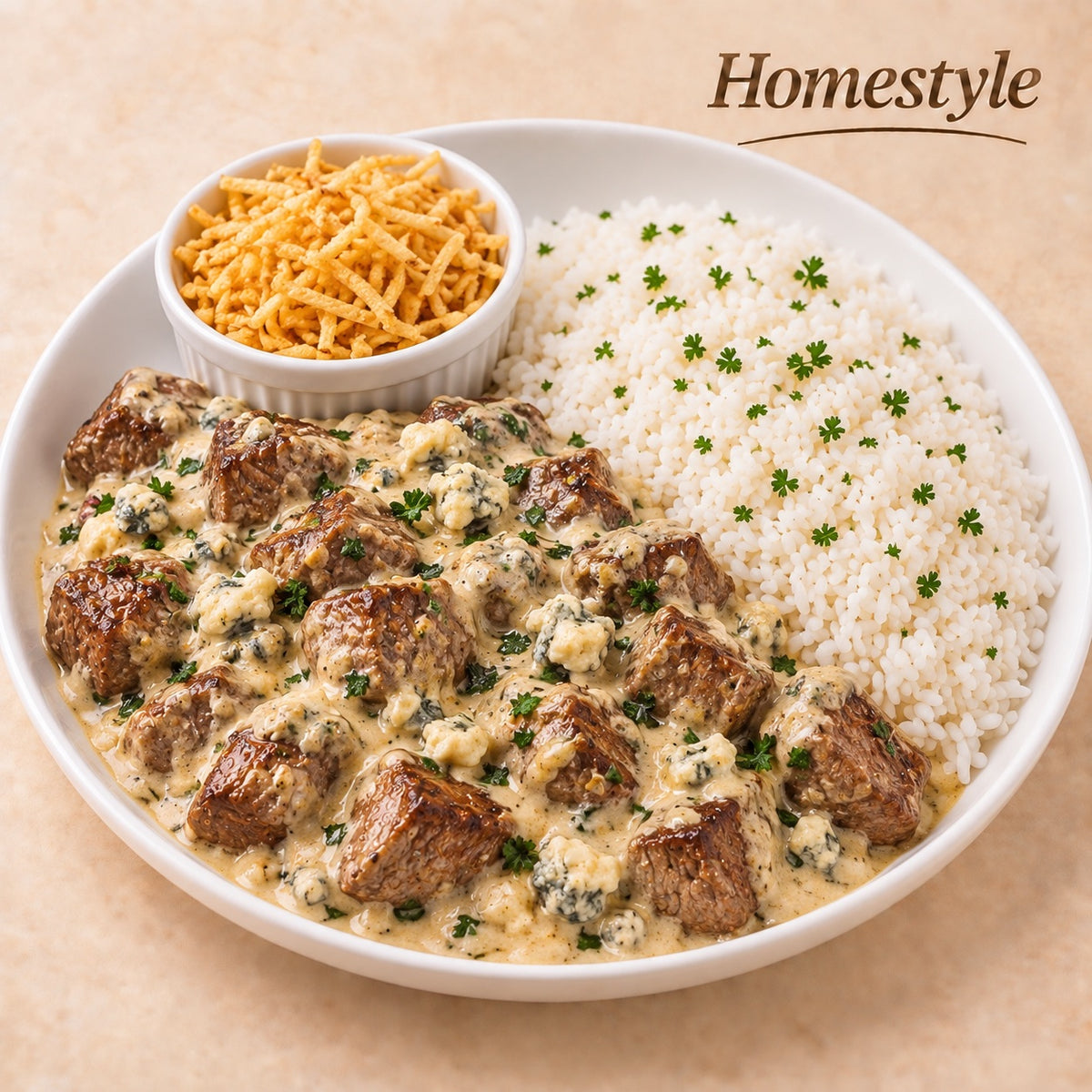 CASEIRO 300G- Filé mignon ao molho de gorgonzola, arroz e batata palha à parte.