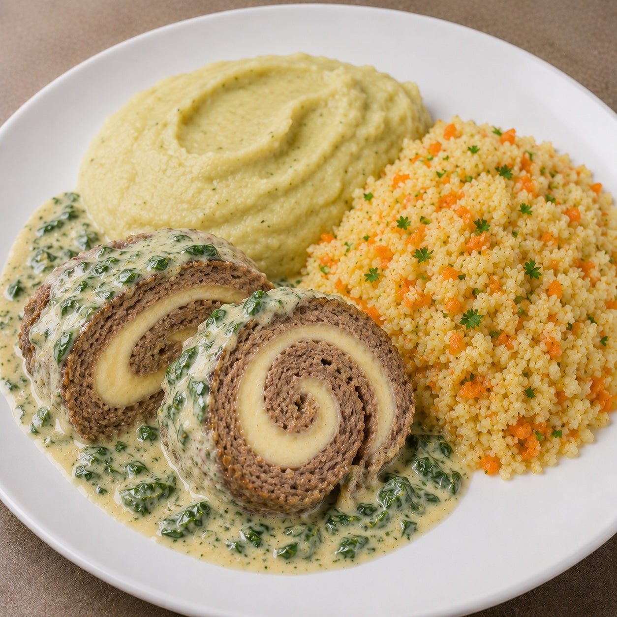 SAUDÁVEL 300G- Rocambole de carne recheado com mussarela low fat e ao molho de ricota com espinafre, purê de batata doce brasileira e arroz de couve flor com cenoura.