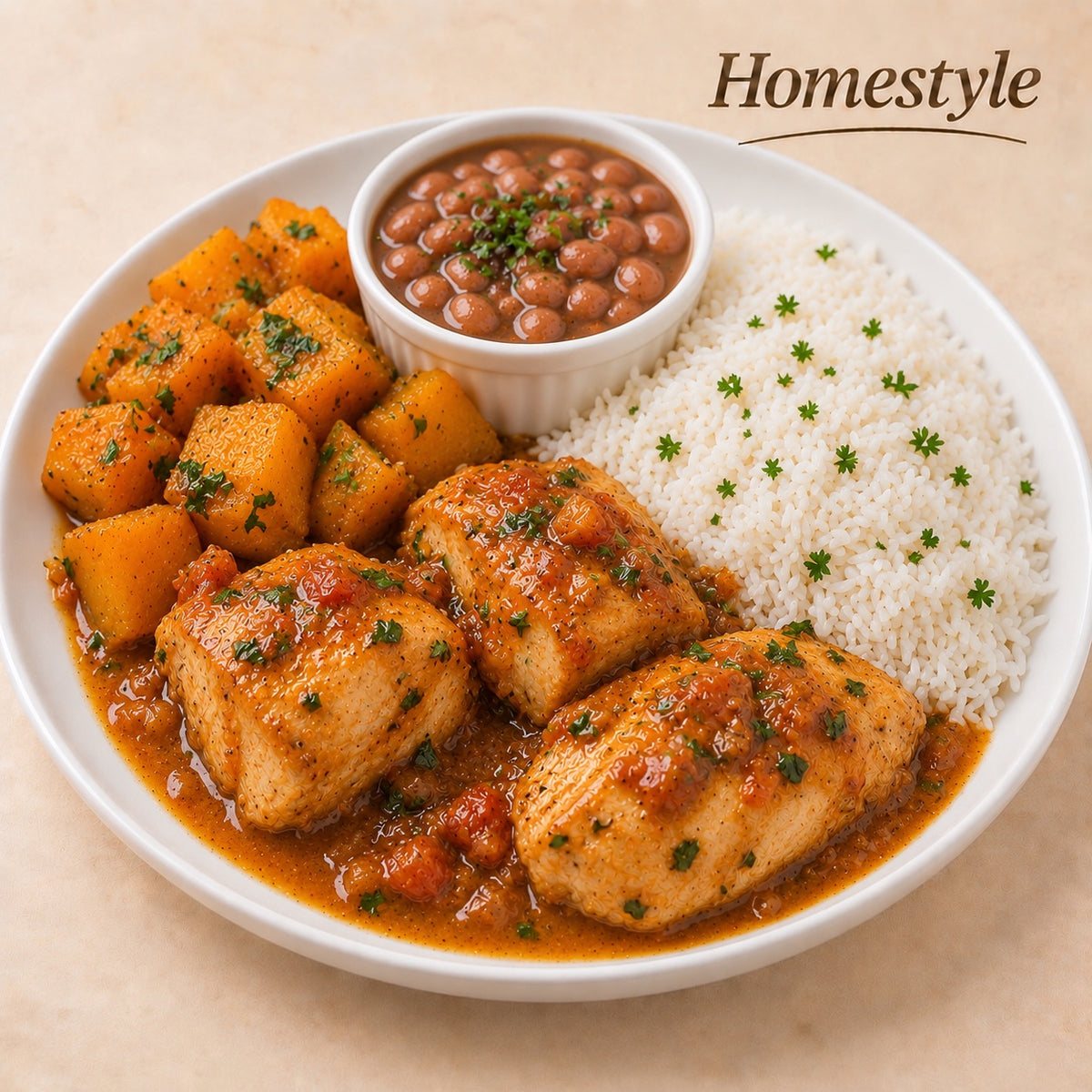 CASEIRO 300G- Peito de frango ao molho, arroz, abóbora refogada e feijão à parte.