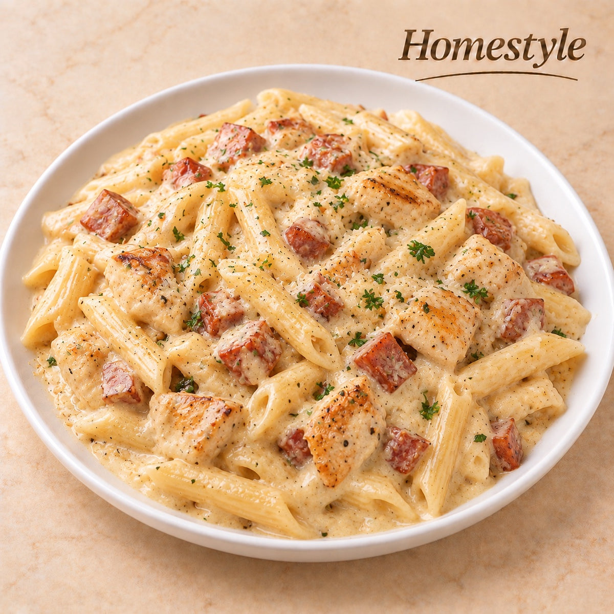 CASEIRO 300G- Penne com cubos de frango e calabresa ao molho Alfredo.