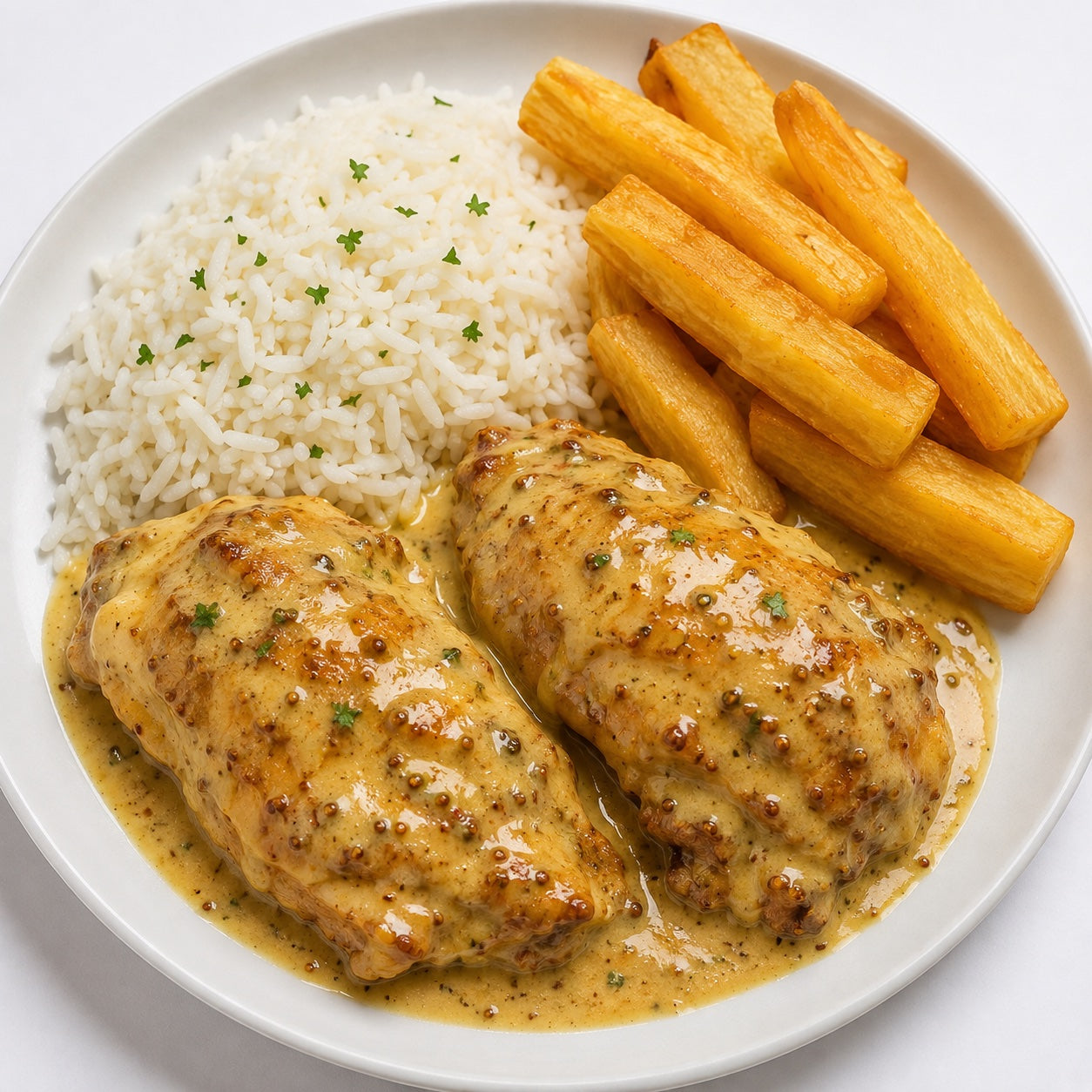 PRONTA ENTREGA CONGELADA- Sobrecoxa sem pele e sem osso ao molho de mostarda e mel, arroz e mandioca frita.