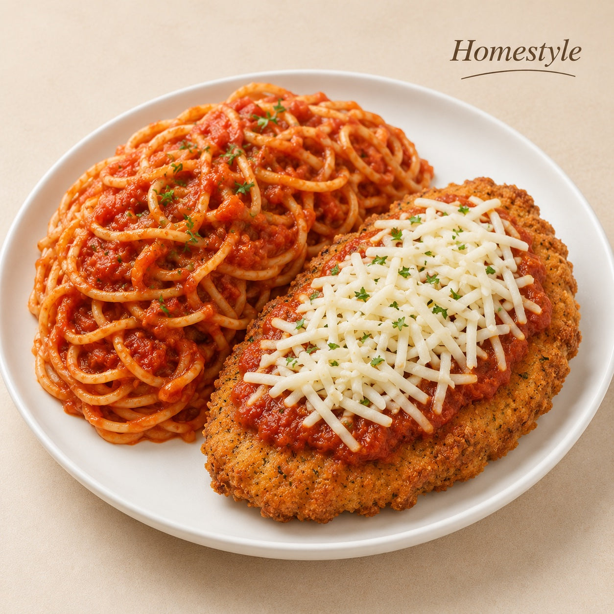 HOMESTYLE 300G- Chicken parmigiana with spaghetti in tomato sauce.