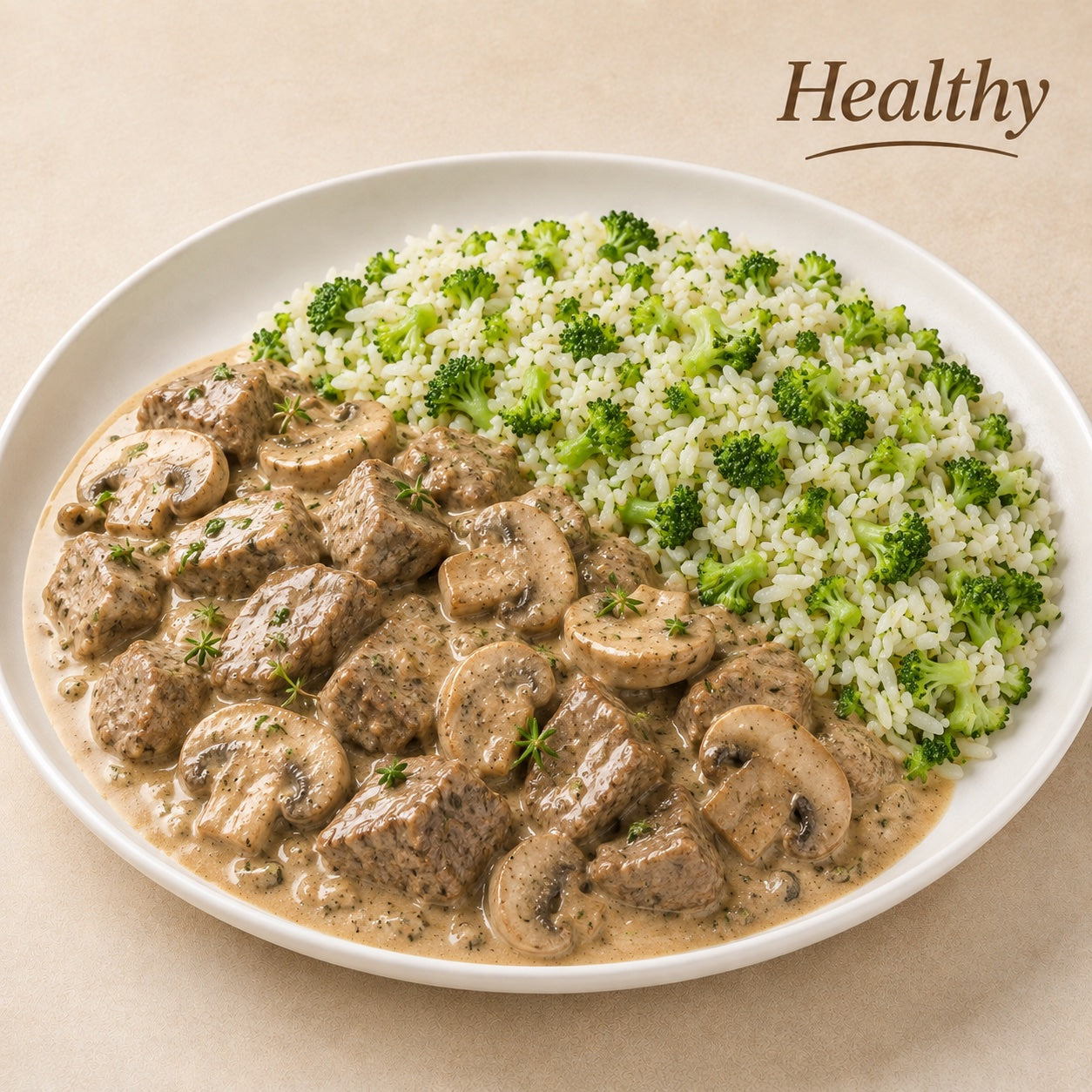 HEALTHY 300G- Fit beef stroganoff with mushrooms, & basmati rice with broccoli.