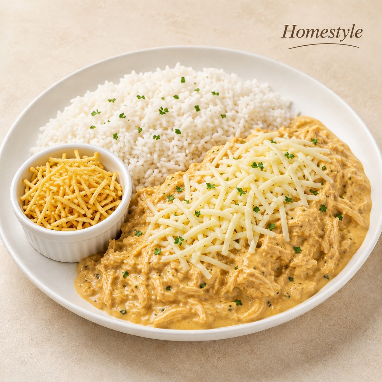 HOMESTYLE 300G- Chicken fricassee, rice and shoestring potatoes on the side.