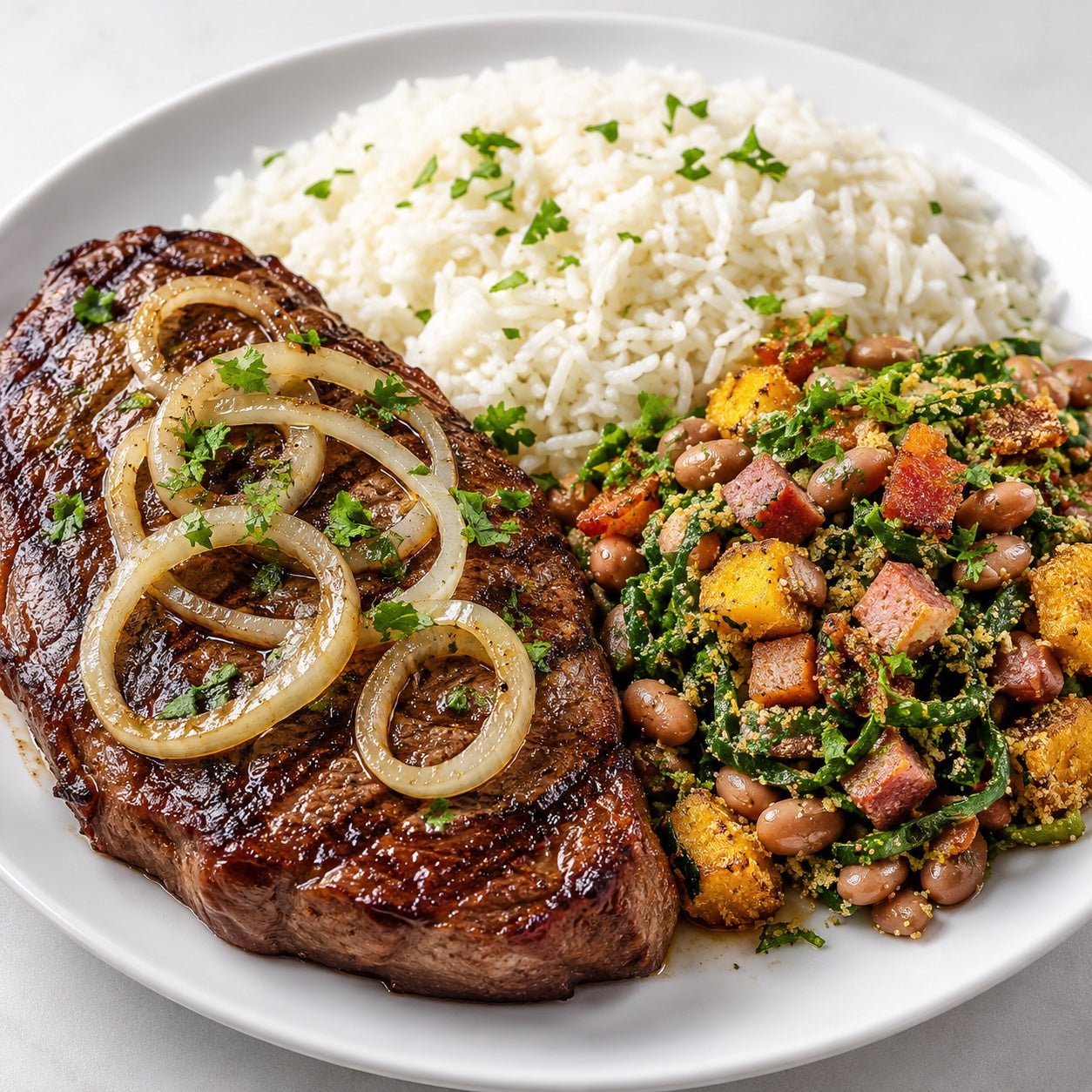 HOMESTYLE 300G- (NEW) Grilled picanha steak with sautéed onions, rice and tropeiro beans.