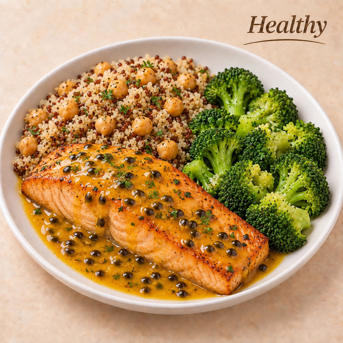 SAUDAVEL 300G- Salmão ao molho de maracujá, quinoa com grão de bico e brócolis no vapor.