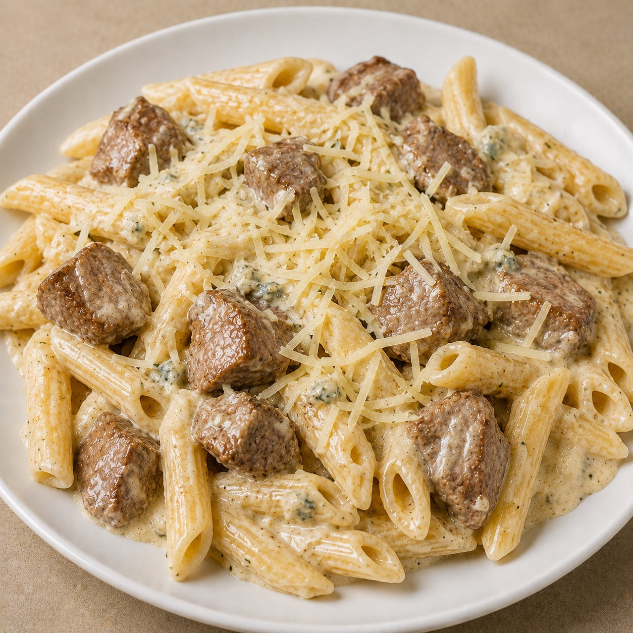 PRONTA ENTREGA CONGELADA- Cubos de filé mignon ao molho gorgonzola com penne e fresh parmesão por cima.