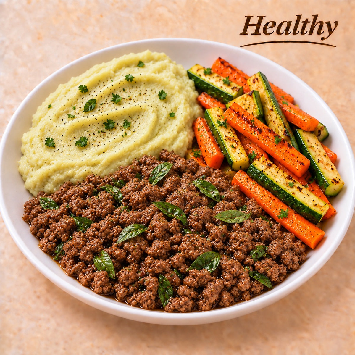 AVAILABLE NOW, FROZEN- Ground beef with tomatoes and basil, Brazilian sweet potato purée, and grilled carrot and zucchini sticks.