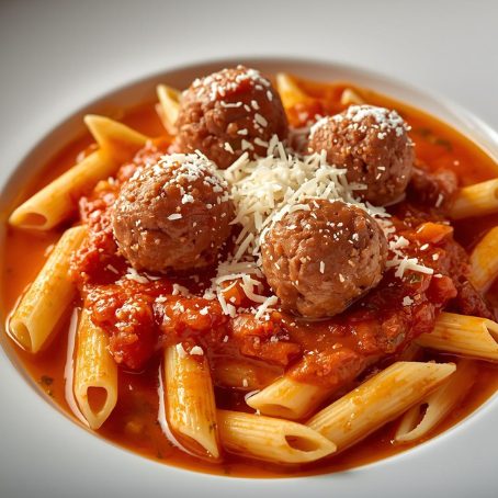 PRONTA ENTREGA, MENU CASEIRO, MARMITA CONGELADA- Penne ao molho de tomate com almôndegas caseiras e fresh queijo parmesão por cima