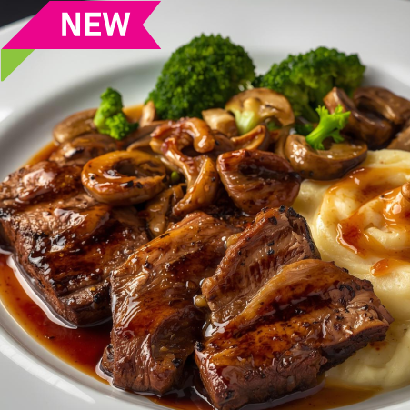 SAUDÁVEL REGULAR - Tiras de alcatra ao toque oriental com cogumelos e brócolis e purê de batatas