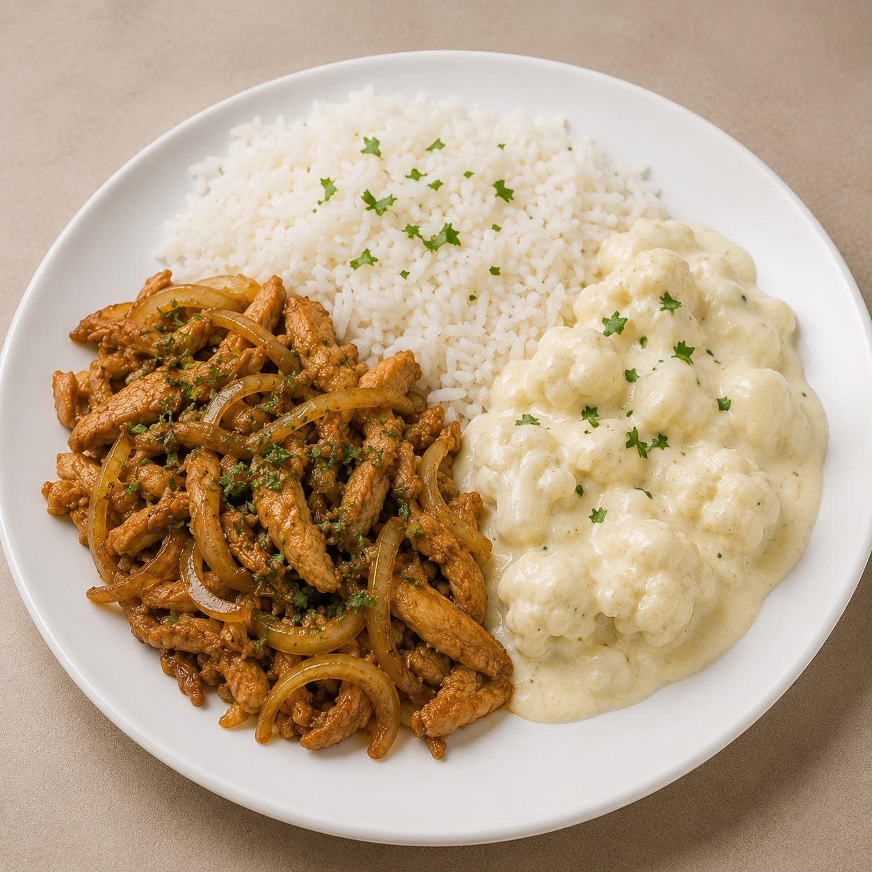 CASEIRO 550G- Frango em tiras ao shoyu e acebolada, arroz e couve flor ao molho branco.