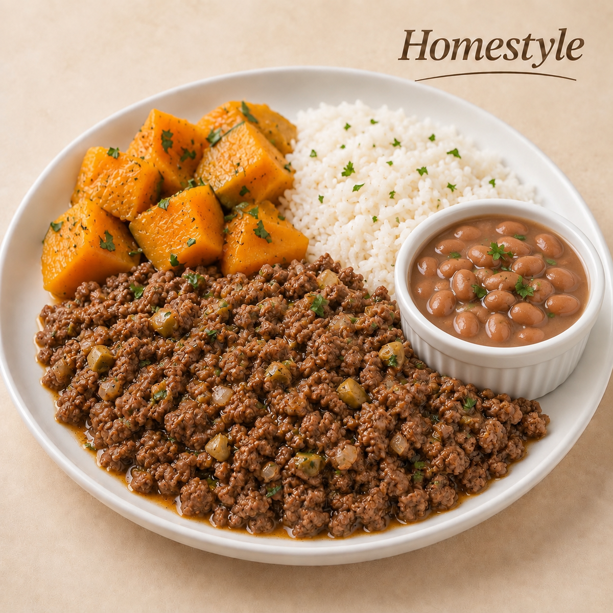 HOMESTYLE 300G- Ground beef with olives, rice, sautéed butternut squash and beans on the side.