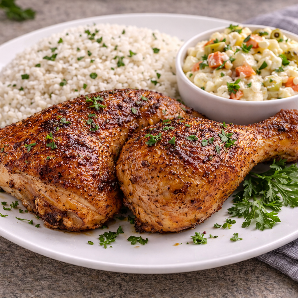 AVAILABLE NOW FROZEN- Roasted chicken leg, white rice, beans and onion farofa on the side.