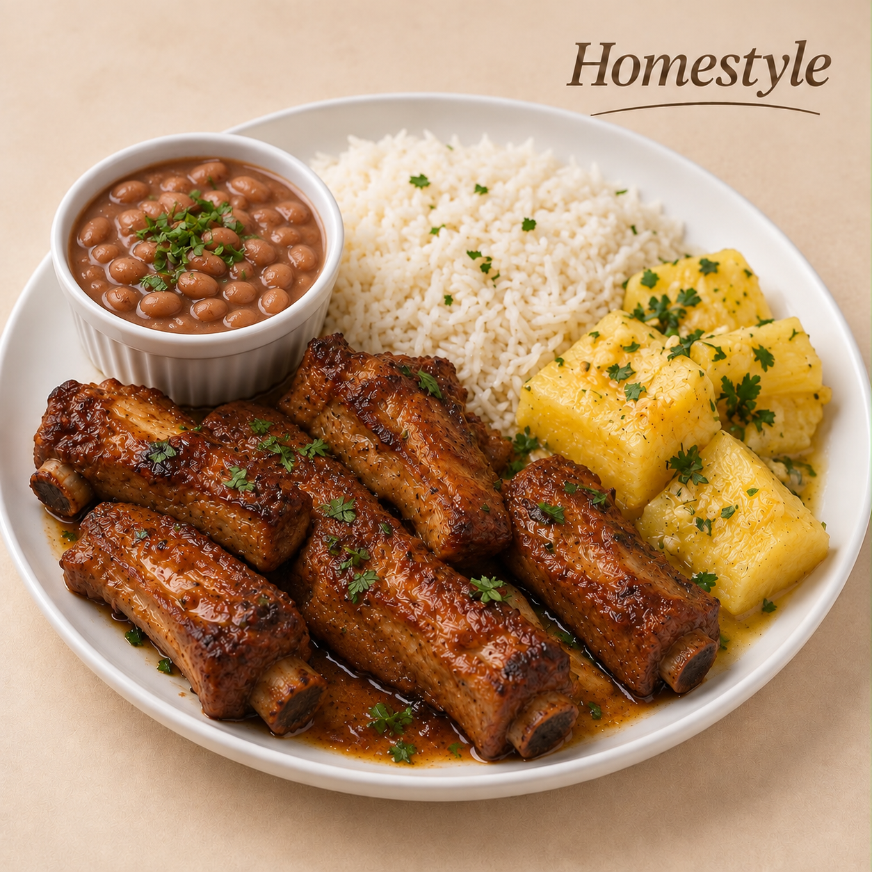 HOMESTYLE 300G- Pork ribs, rice, buttered yuca and beans on the side.