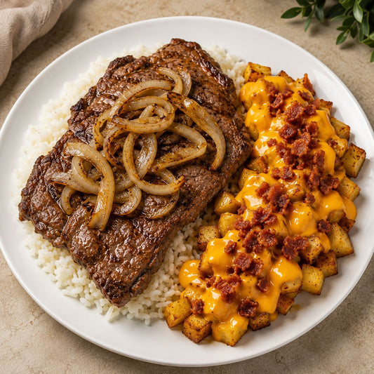 PRONTA ENTREGA CONGELADA- Bife de alcatra acebolado, arroz branco e homefries com cheddar e bacon.