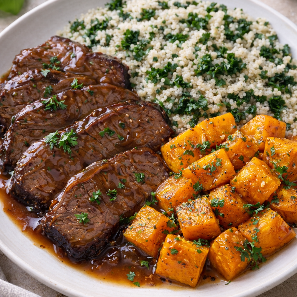 Healthy Economic - (NEW) Roast beef, white quinoa with collard greens and sautéed butternut squash.
