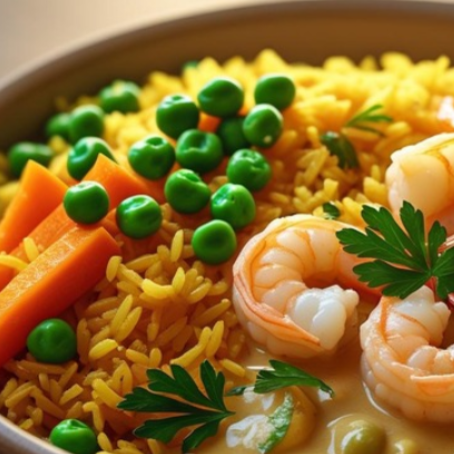 PRONTA ENTREGA, MENU SAUDÁVEL, MARMITA CONGELADA- Bobó de camarão fit e arroz basmati com açafrão e vegetais