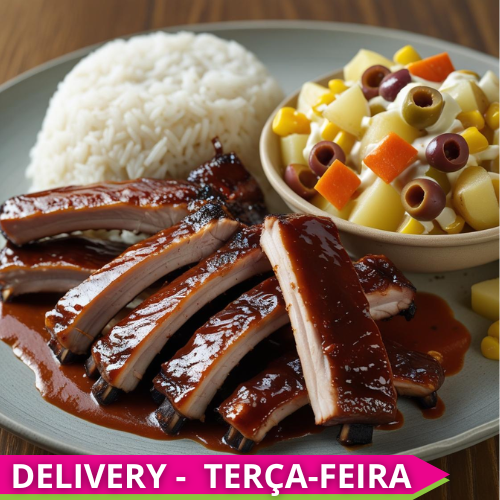Homestyle Kids - BBQ pork ribs, white rice, and potato salad (potatoes, carrots, corn, olives) on the side