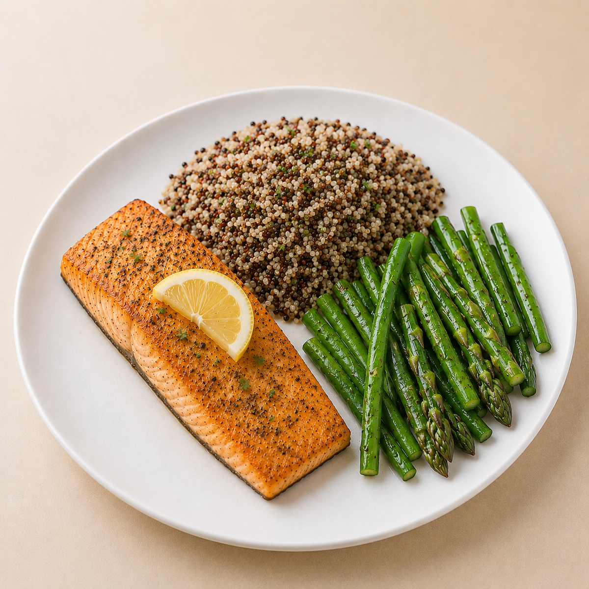 LEAN BALANCE 350G - Salmão assado, quinoa e mix de vagem com aspargos.