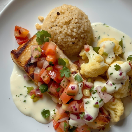 PRONTA ENTREGA, MENU SAUDAVEL, MARMITA CONGELADA- Mahi Mahi grelhado ao pico de gallo, quinoa e couve flor ao molho de ricota