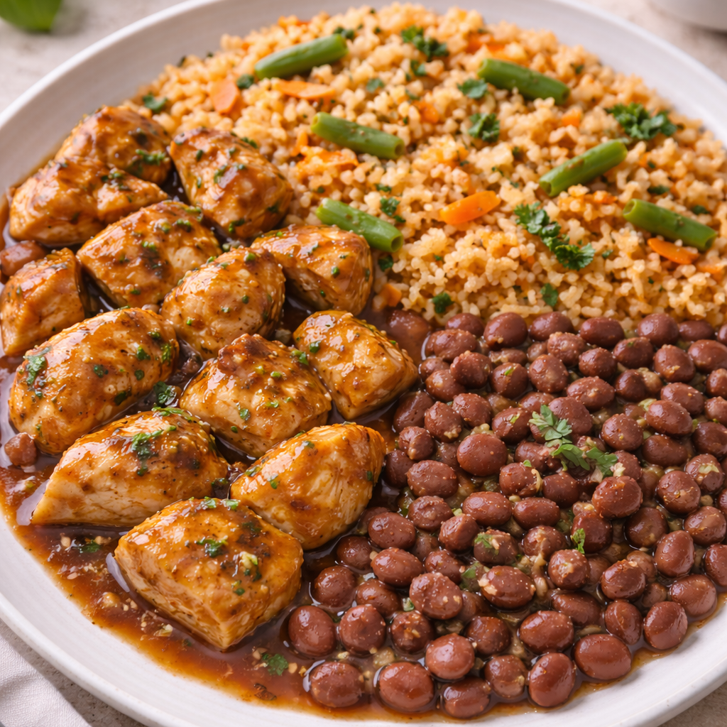 Healthy Economic - (NEW) Chicken breast in sauce, basmati rice mix with shredded carrots and green beans, and pinto beans.
