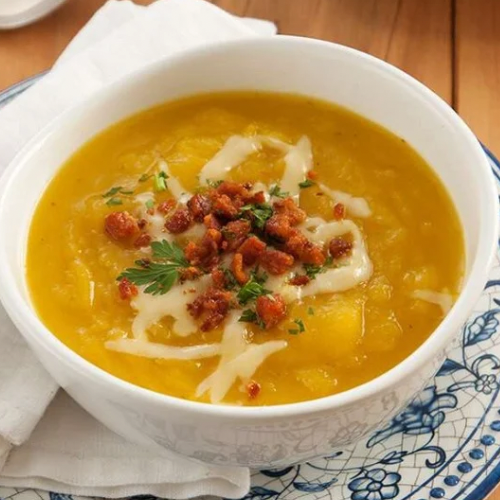 Butternut Squash Cream with Shredded Chicken and Bacon
