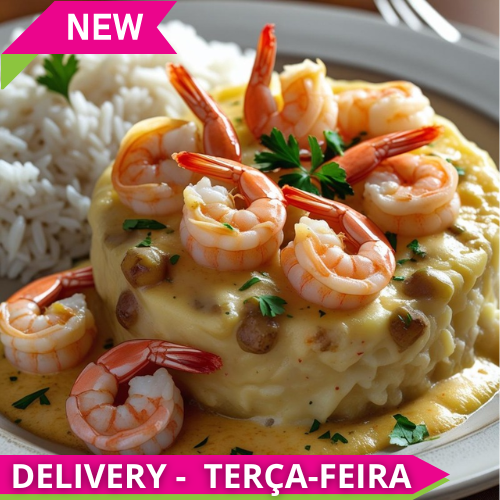 Homestyle Kids - (New) Shrimp in catupiry sauce topped with creamy potatoes and mozzarella cheese, served with white rice.