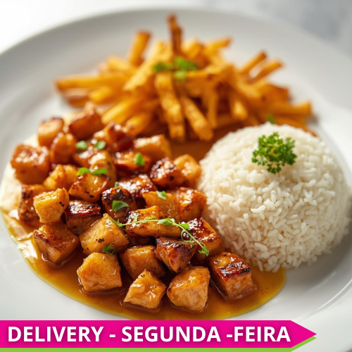 CASEIRO REGULAR - Frango em cubos ao molho de mostarda e mel, arroz branco e batata palha