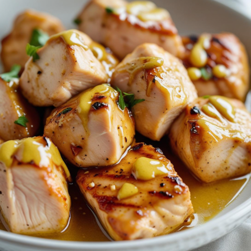 (CONG.) Chicken cubes in honey mustard sauce.