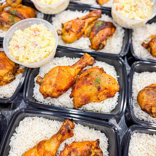 AVAILABLE NOW FROZEN- Roasted chicken leg, white rice, beans and onion farofa on the side.