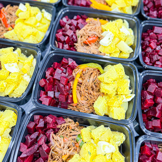AVAILABLE NOW, FROZEN-  Shredded beef with onions, bell peppers and tomatoes, warm potato salad with boiled eggs and beets.