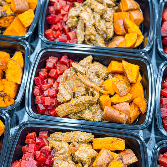 AVAILABLE NOW, FROZEN- Grilled filet mignon strips with onions and soy sauce, roasted sweet potatoes, and beet.