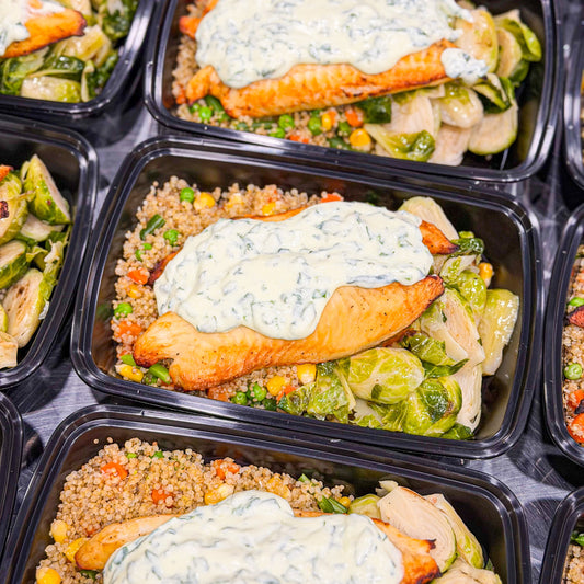 AVAILABLE NOW, FROZEN- Tilapia loins with ricotta spinach sauce, quinoa with vegetables, and grilled Brussels sprouts.