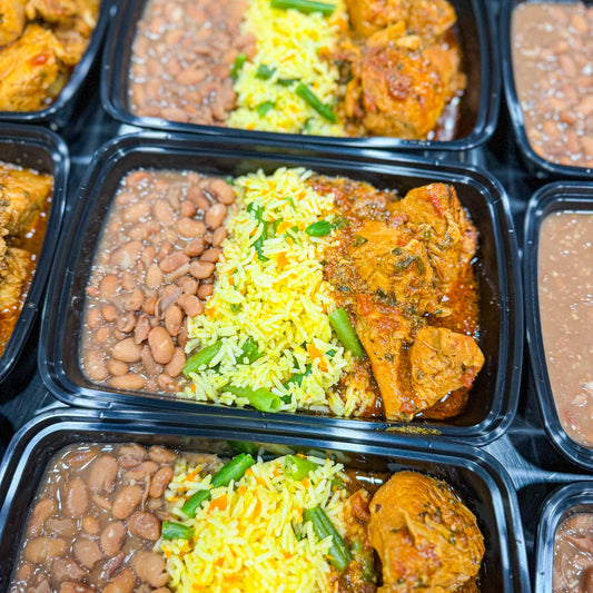 AVAILABLE NOW, FROZEN- Chicken breast in sauce, basmati rice with shredded carrots and green beans, and pinto beans.