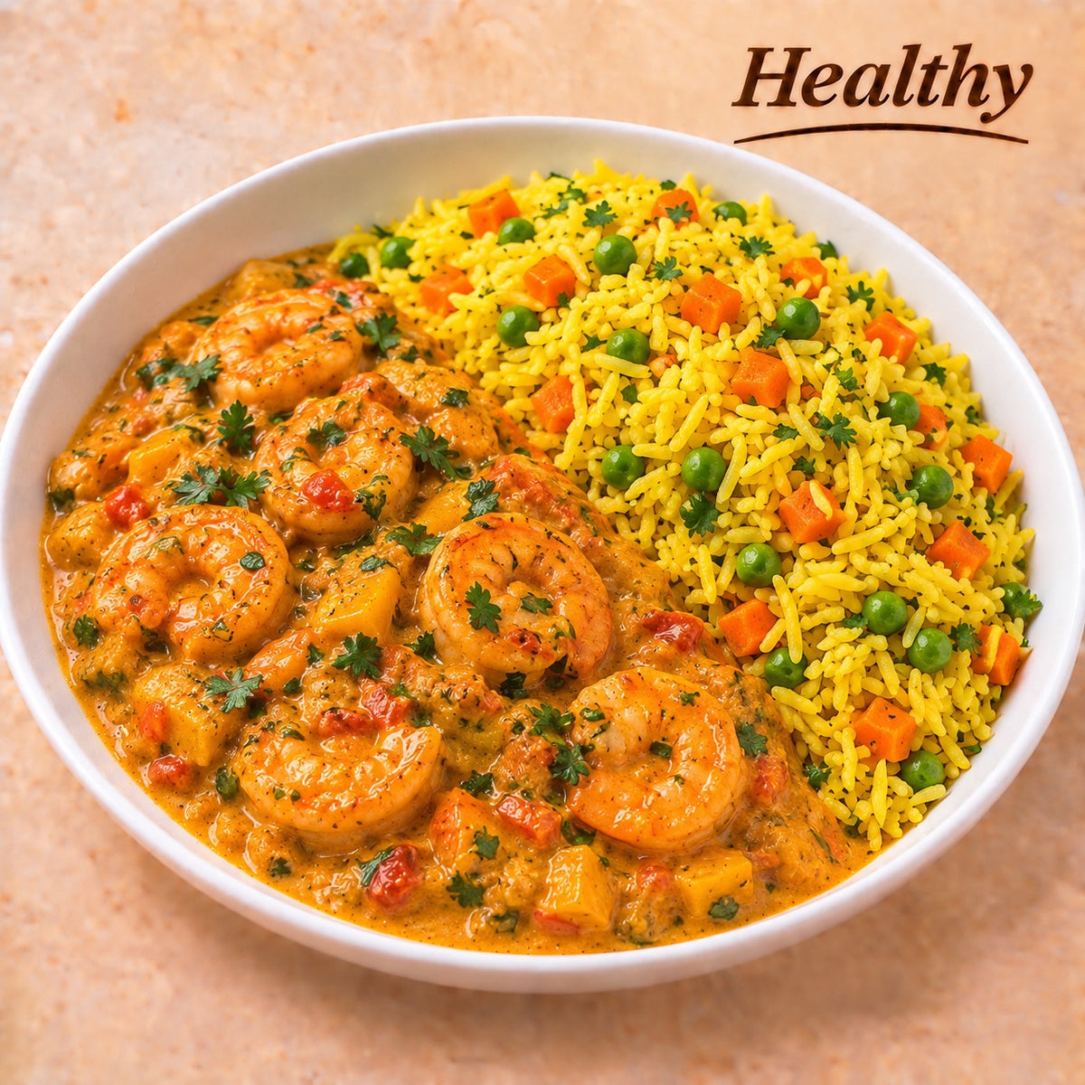 SAUDAVEL 300G- Bobó de camarão capixaba e arroz basmati com açafrão, cenoura e ervilha.