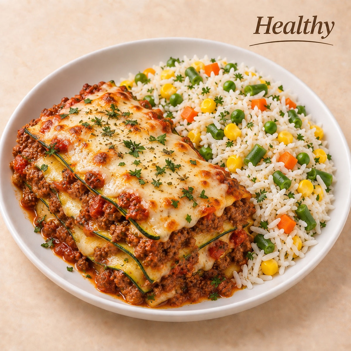 SAUDAVEL 300G- Lasanha de abobrinha com carne moída lean e queijo mussarela low-fat, e arroz basmati com vegetais.