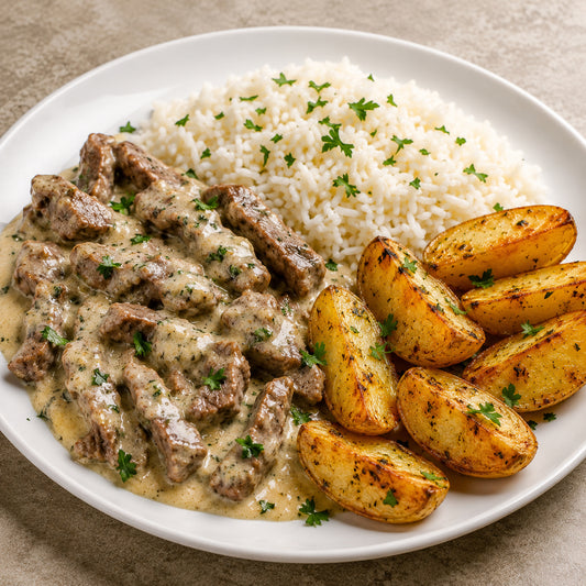 CASEIRO 550G- Iscas de filé mignon à gorgonzola, arroz branco e batatas assadas.