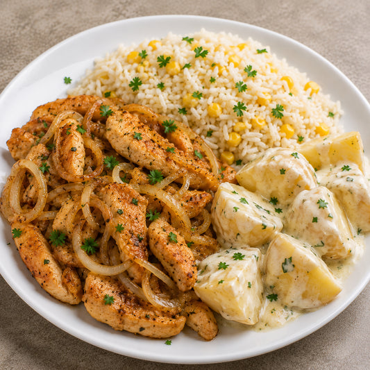 CASEIRO 550G- Iscas de frango acebolada, arroz com milho refogado e batata cremosa.