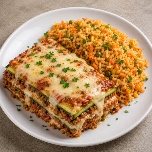 SAUDÁVEL 500G- Lasanha de abobrinha com carne moída lean e queijo low fat e arroz integral com vegetais.