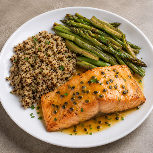 SAUDÁVEL 500G- Salmão ao molho de maracujá, quinoa e mix de aspargos com vagem na chapa.